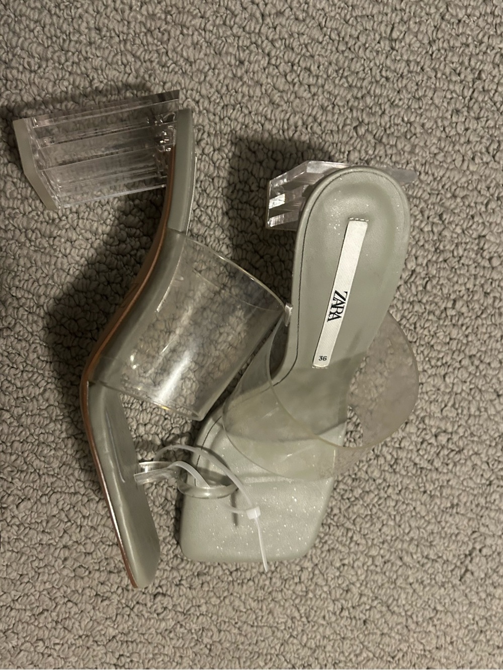 ZARA Clear Lucite Block Heel Sandals with Silver Glitter Footbed